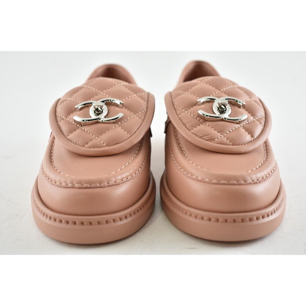 Chanel 21B Pink Silver Quilted Flap Turnlock CC Logo Mule Slip Flat Loafer 39.5 - Picture 7 of 11